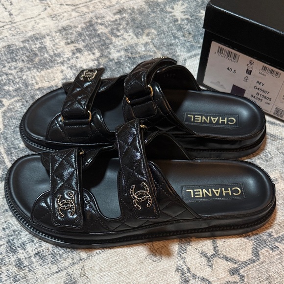 CHANEL Black Quilted Double-Strap Leather Slides with CC Logos “dad sandals” - Picture 3 of 5
